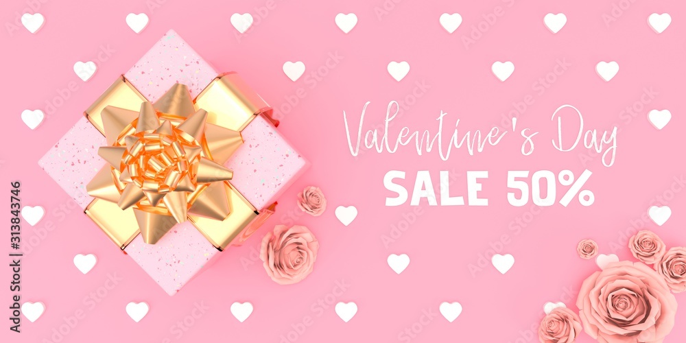 Pink gift box with ribbon valentine day shopping illustration on pink background 3d render