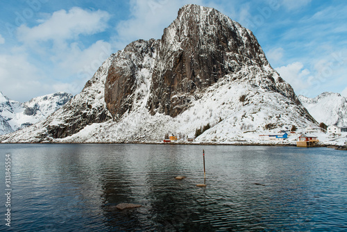 Lofoten islands, Norway. Snowy mountain and rocks. photo