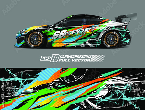 Racing car wrap design vector. Graphic abstract stripe racing background kit designs for wrap vehicle, race car, rally, adventure and livery. Full vector eps 10