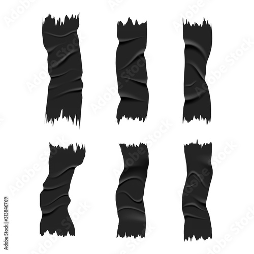 Black poorly glued and wrinkled sticky scotch on isolated background, realistic vector illustration