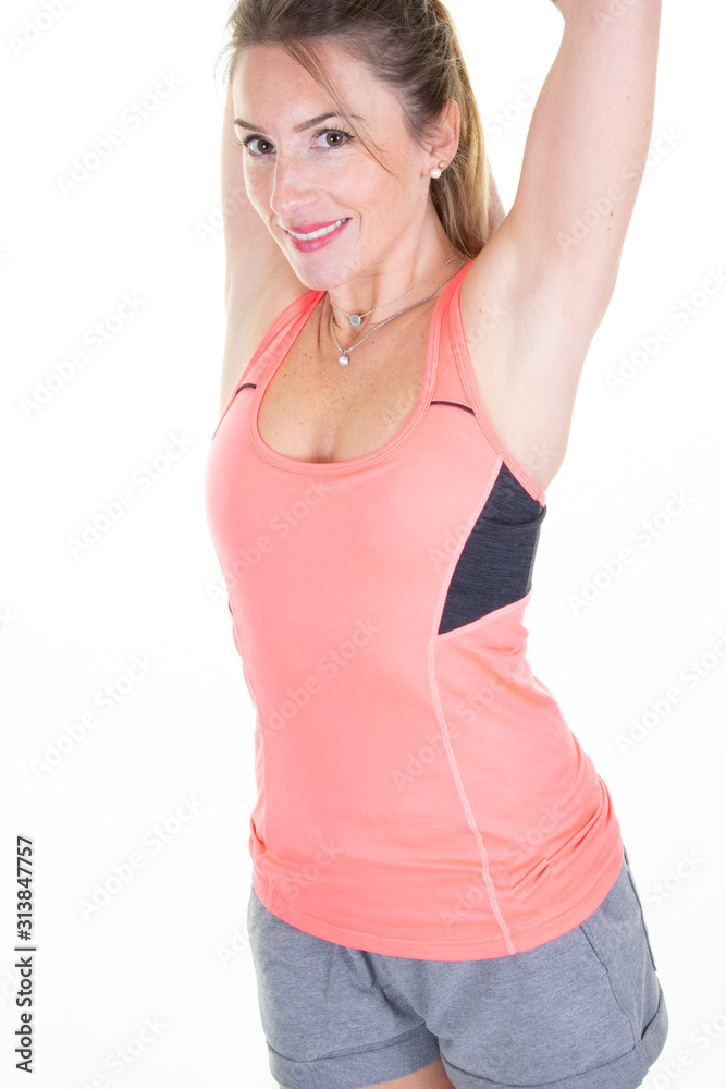 Sports slim blonde woman isolated over white wall background make stretching fitness exercises Sports slim blonde woman isolated over white wall background make stretching fitness exercises