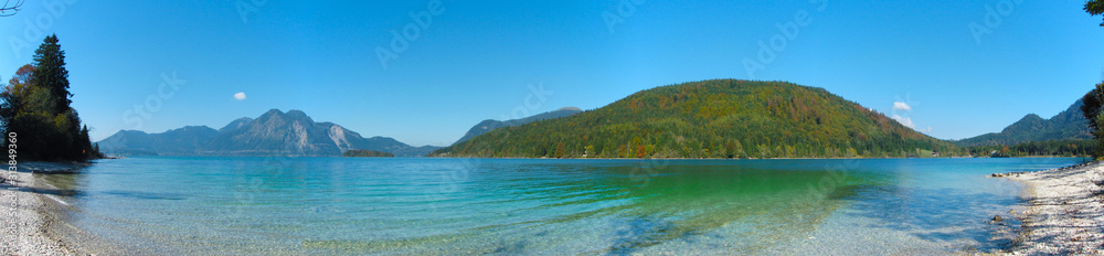 panorama of a lake with clear blue water