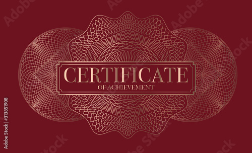 Guilloche ornament. Golden vector rosette for certificate, diploma, graduation, stocks, business, award, coupon, banknote and banner. Rosette linear watermark for documentation. Dark red background.