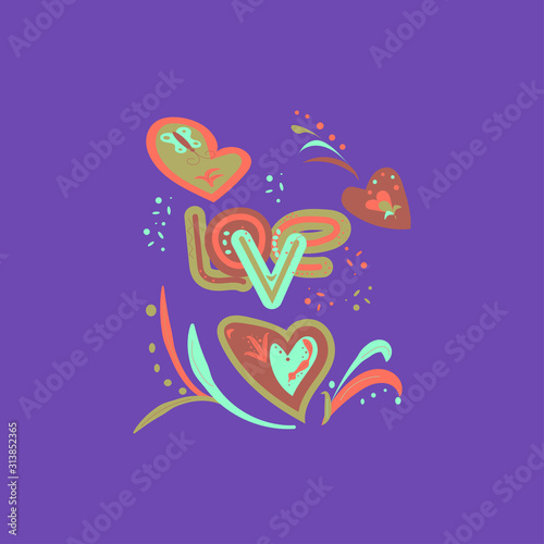 Love drawn letters with fashionable colors. Vector illustration for postcard, t-shirt, banner, flyer. Isolated drawing on blue background. Clipart.