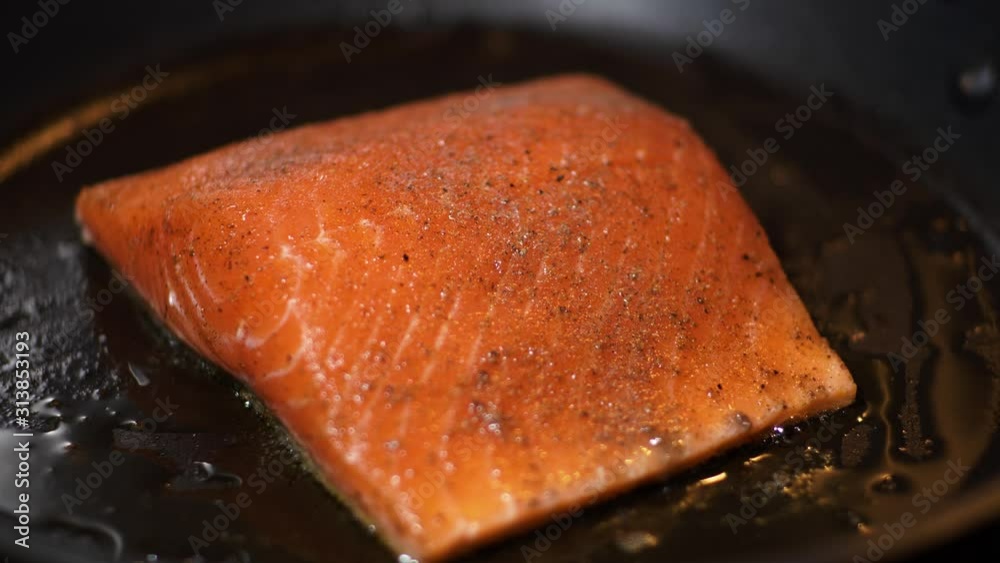 custom made wallpaper toronto digitalClose up view of fresh wild cut salmon fillet being cooked in hot pan, healthy meal choice rich in omega 3 fatty acids