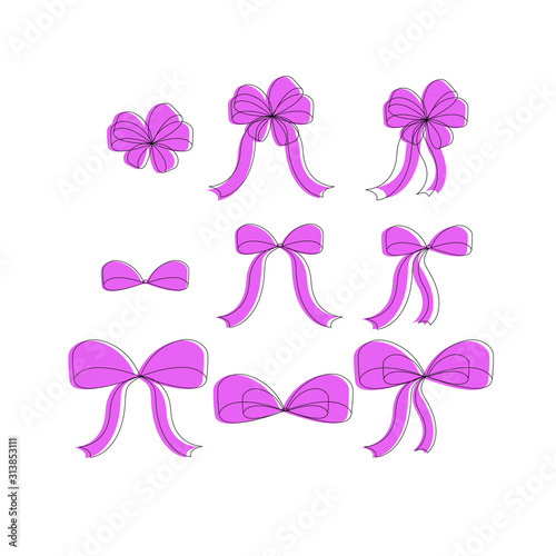 Set of holiday bows. 9 pink ribbons. Separately on a white background. Vecor. Decor element for decorating gifts, invitations.
