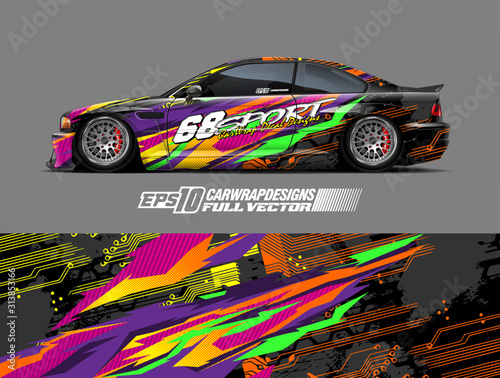  Racing car wrap design vector. Graphic abstract stripe racing background kit designs for wrap vehicle, race car, rally, adventure and livery. Full vector eps 10