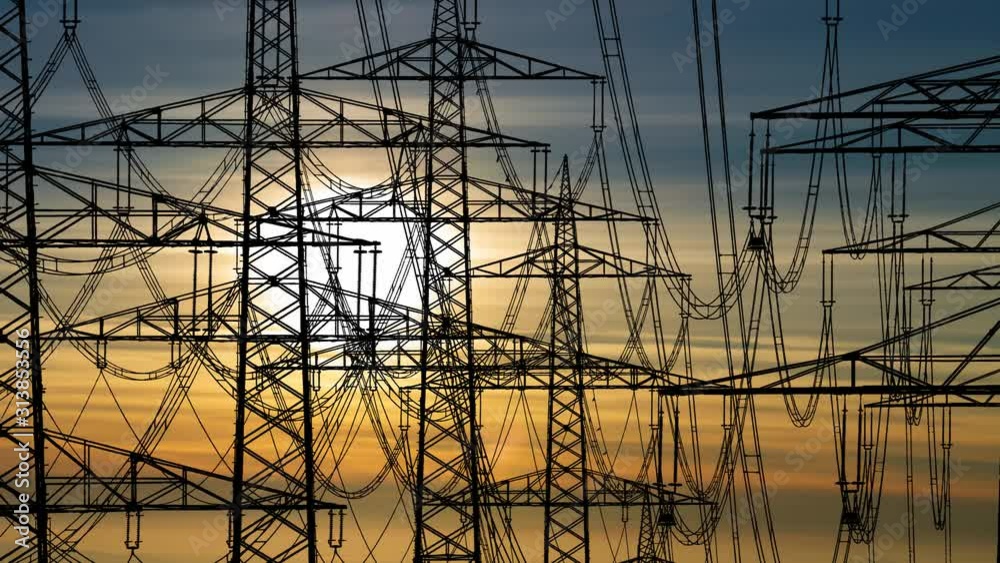 High voltage Power Lines with Pylons and Cable, Time Lapse at Sunset with Colorful Clouds and Sun