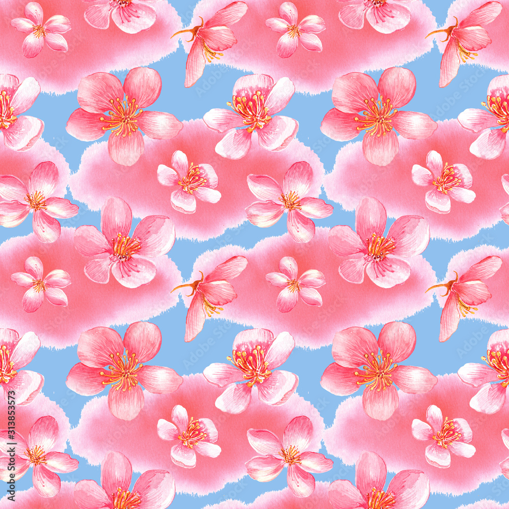 Seamless floral pattern with pink cherry blossom, sakura flowers on a   blue background. Stock illustration. Hand painted  in watercolor.