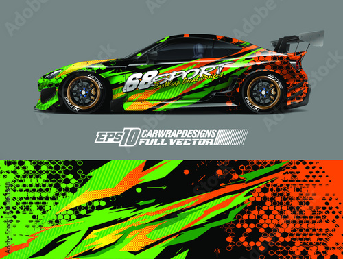  Racing car wrap design vector. Graphic abstract stripe racing background kit designs for wrap vehicle, race car, rally, adventure and livery. Full vector eps 10