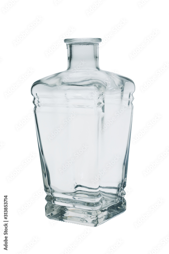 Empty glass bottle, square-shaped for rum whiskey or brandy. Isolated on white background Empty glass bottle, square-shaped for rum whiskey or brandy. Isolated on white background