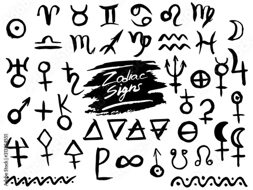 Vector set of Zodiac Signs, Planetes and Alchemy Symbols in black color isolated on white background. Astrological icons in rough and grunge hand drawn style. Big collection of esoteric symbols.