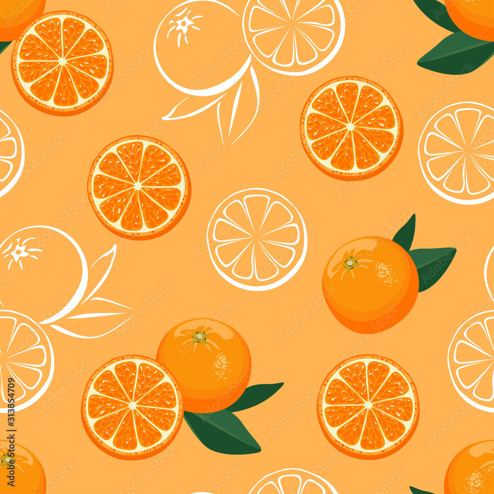 Naklejka Orange citrus fruit seamless pattern. Whole oranges with green leaves and slices. Color vector illustration in cartoon flat style and white outline.