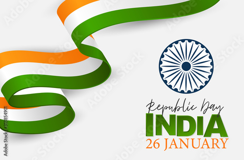 India Republic Day Background. National Indian holiday design concept with white, orange, and green flag color ribbon. Vector illustration.