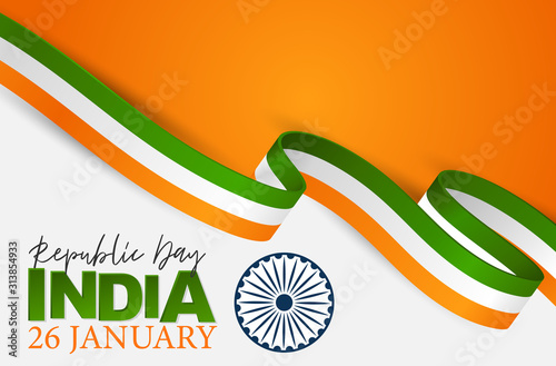 India Republic Day Background. National Indian holiday design concept with white, orange, and green flag color ribbon. Vector illustration.