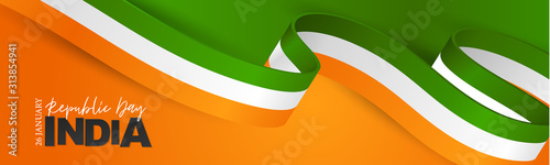 India Republic Day banner or header. National Indian holiday design concept with white, orange, and green flag ribbon. Vector illustration.