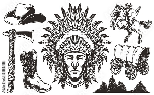 Vintage wild west monochrome elements set