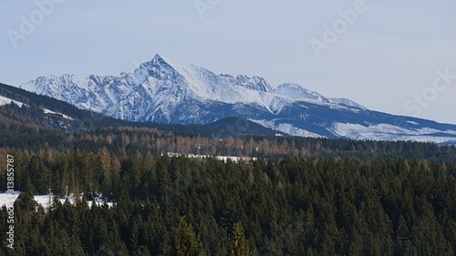 Mount Krivan of High Tatras mountains in northern Slovakia, as seen from hills near Jakubovany during winter season, January 2019