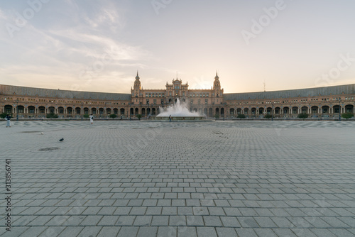 Landscapes in the Plaza de Espana, Beautiful Spain Square in Seville at dusk