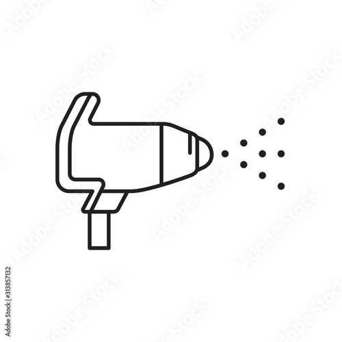 Airbrush with stream of paint icon. Thin line art template for logo. Black and white illustration. Contour hand drawn isolated vector image on white background. Powder coating, carwash, painting works