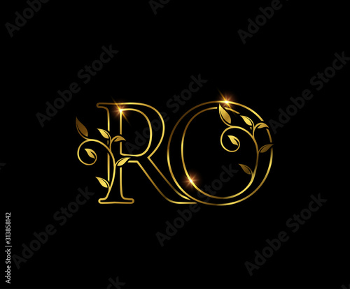 Golden R, O and RO Letter Luxury Logo Icon 