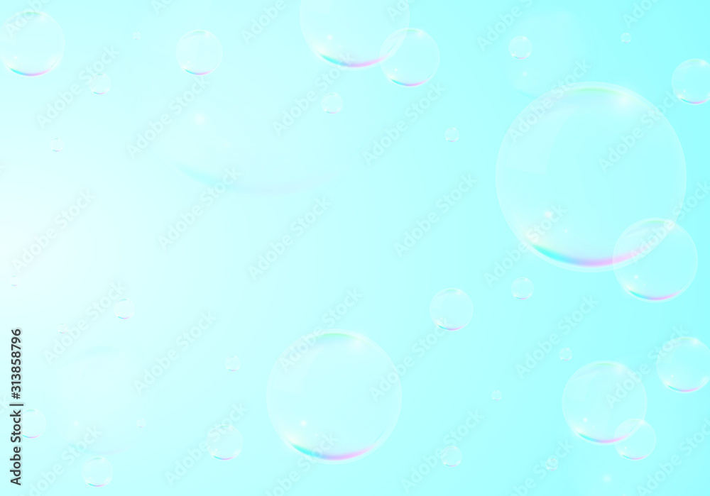 Bubbles on Blue Background . Circle and Liquid , Clear Soapy Shiny , Vector Illustration