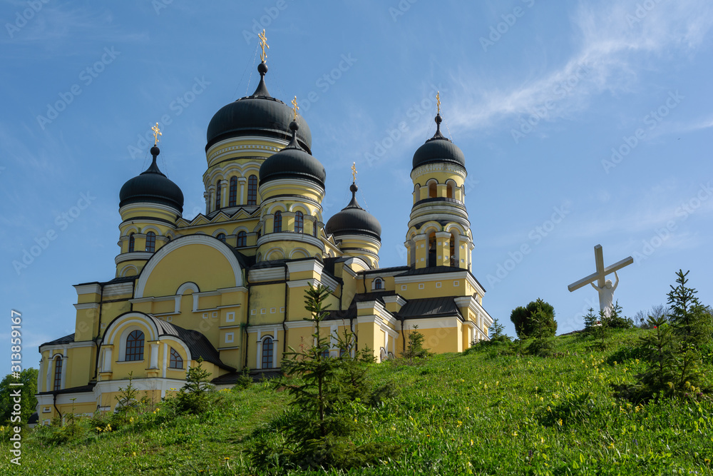 Beautiful view of Hincu Monastery in Moldavia in spring