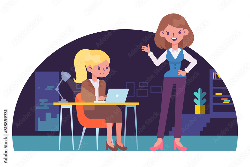Lady boss and employee. Female office clerk working with computer at her desk. Office workers vector illustration. Flat vector style characters