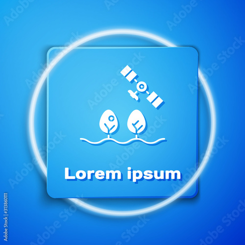 White Smart farm with drone control and tree icon isolated on blue background. Innovation technology for agricultural company. Blue square button. Vector Illustration