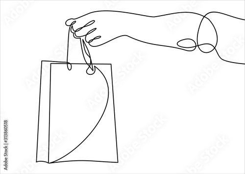 continuous line drawing of holding shopping bag. vector illustration. 