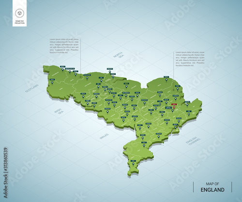 Stylized map of England. Isometric 3D green map with cities, borders, capital London, regions. Vector illustration. Editable layers clearly labeled. English language.