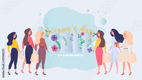 Womens day sale banner. Happy International Women's Day. Girls with presents. Vector illustration