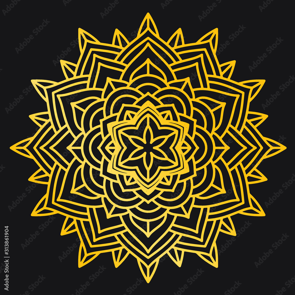 Abstract Petals Leaf Mandala Gold Line On Black Background. Vector Illustration Abstract Petals Leaf Mandala Gold Line On Black Background. Vector Illustration