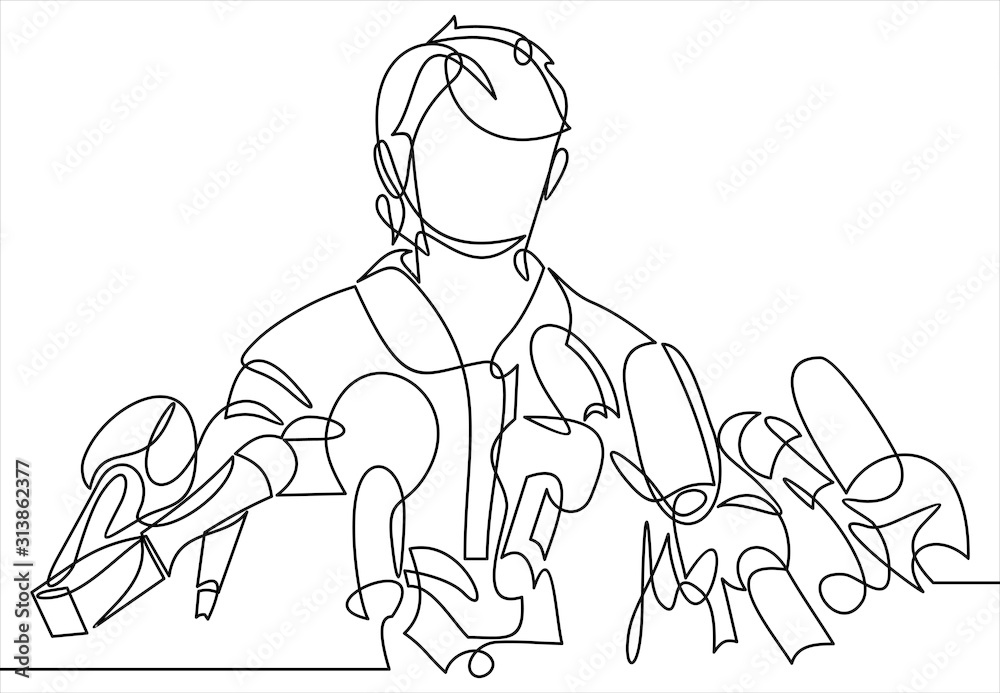 Fototapeta premium Business conference, business meeting. Man at rostrum in front of audience. Public speaker giving a talk at conference hall- continuous line drawing 