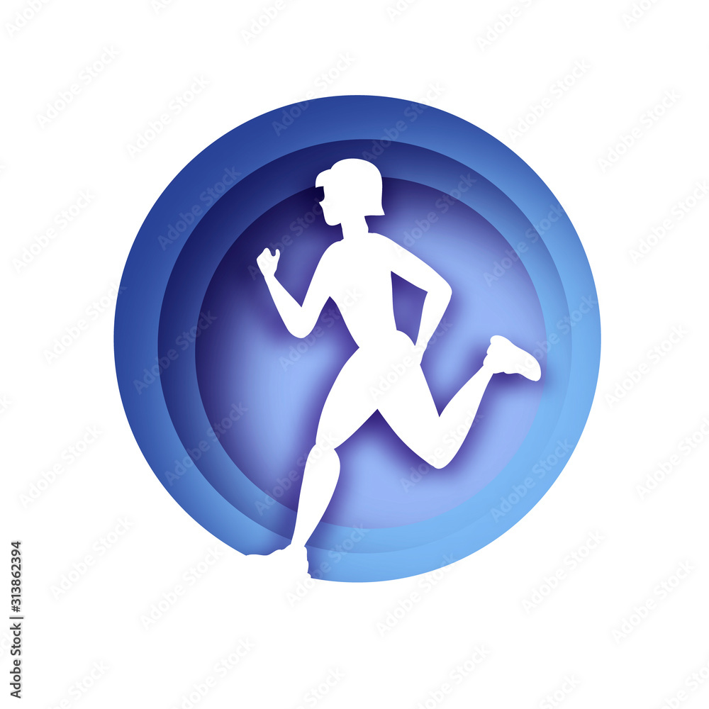 White origami young lady running. Happy fitness woman in paper cut style. Woman runner in silhouette on white background. Jogging. Dynamic movement. Side view. Light purple circle frame. White origami young lady running. Happy fitness woman in paper cut style. Woman runner in silhouette on white background. Jogging. Dynamic movement. Side view. Light purple circle frame.