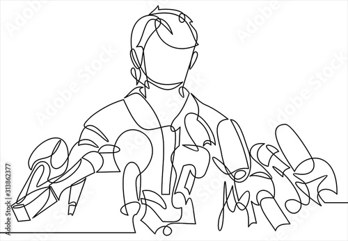 Business conference, business meeting. Man at rostrum in front of audience. Public speaker giving a talk at conference hall- continuous line drawing 