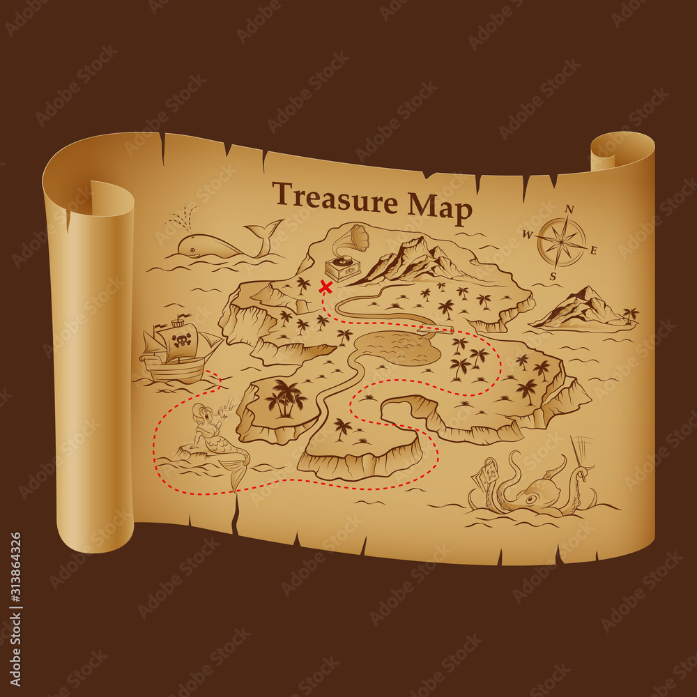 Stylized Pirate Map on Vintage Paper with Treasure on the Island