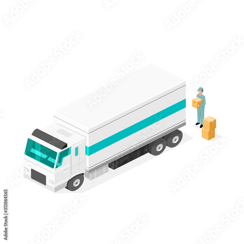 Isometric delivery truck with goods and deliveryman vector icon illustration.