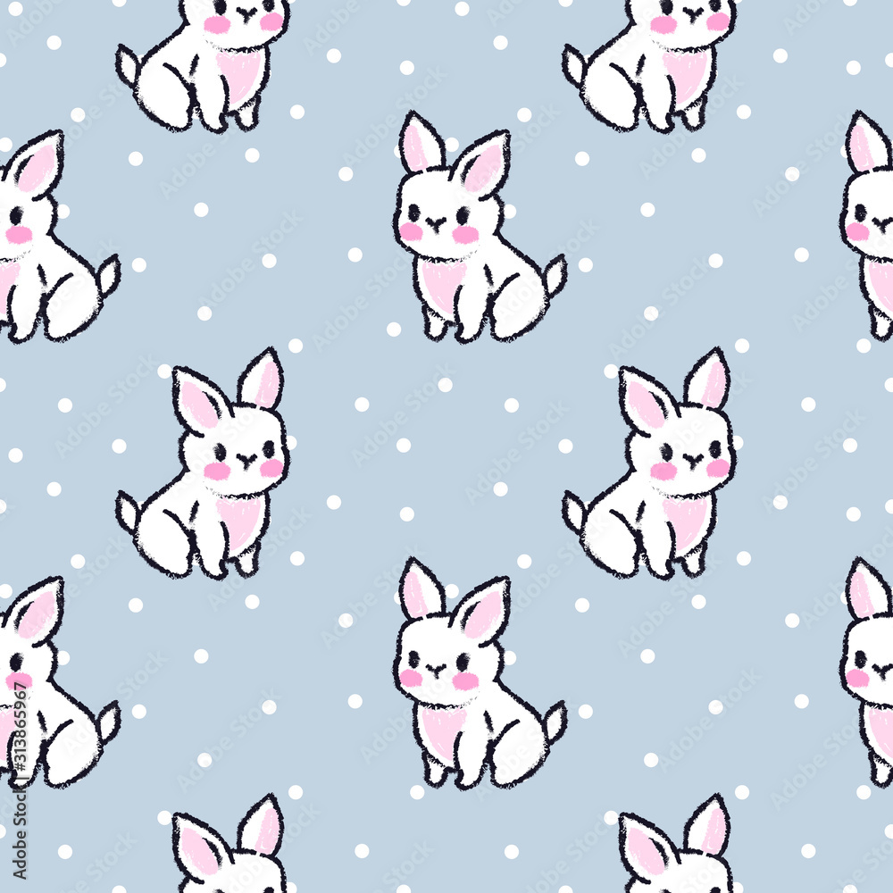 Cute seamless pattern with rabbits. Easter bunnies. Summer rabbits. Dots background.