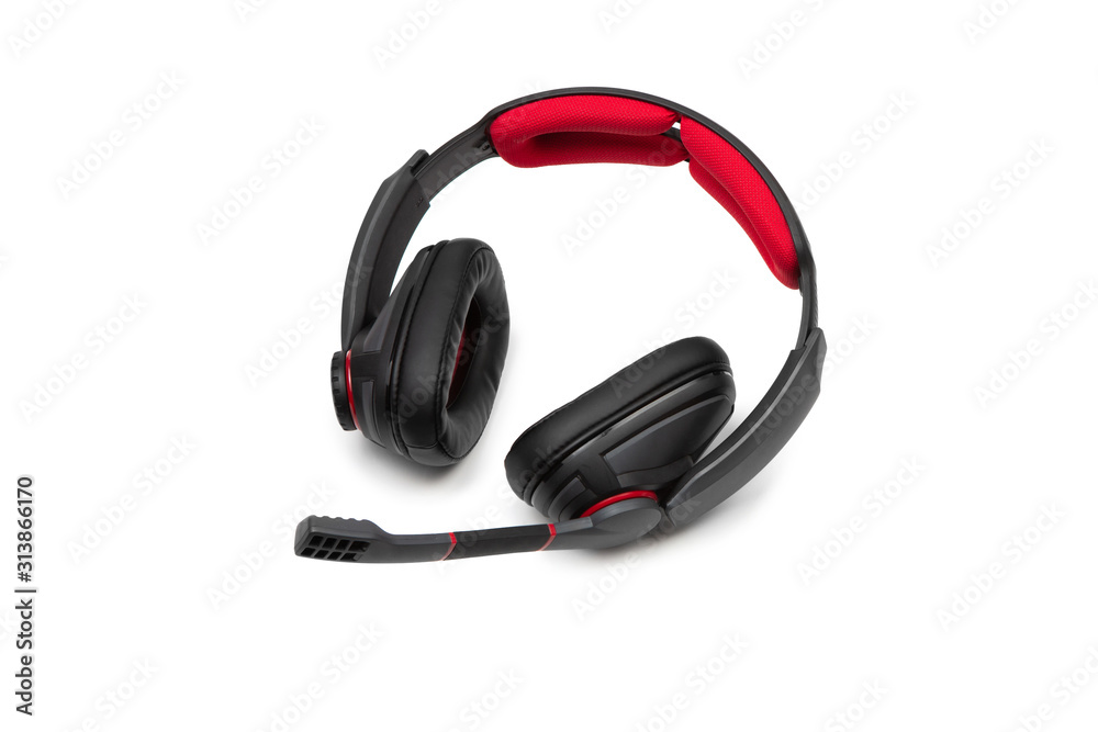 Black-red gaming headphones on a white isolated background. Black-red gaming headphones on a white isolated background.