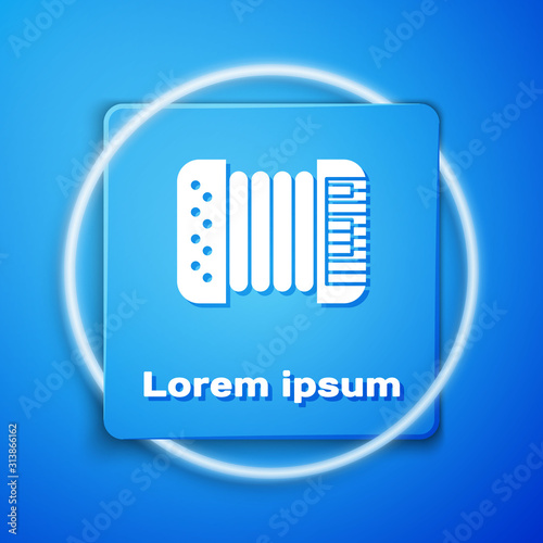 White Musical instrument accordion icon isolated on blue background. Classical bayan, harmonic. Blue square button. Vector Illustration