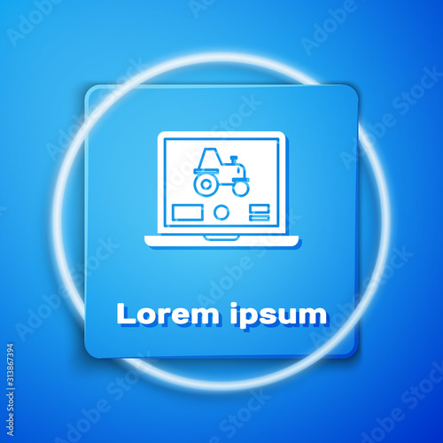 White Laptop application for control a autonomous tractor on a smart farm icon isolated on blue background. Smart agriculture implement. Blue square button. Vector Illustration