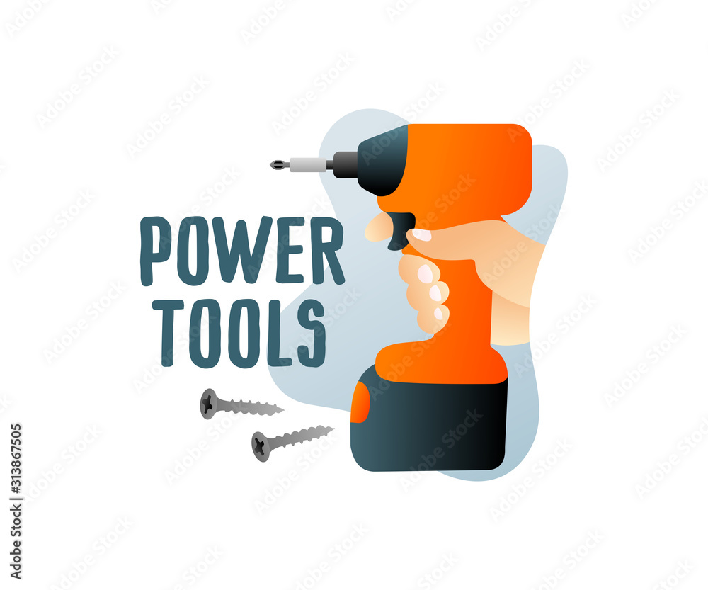 Construction power tools and cordless tools with screws, illustration