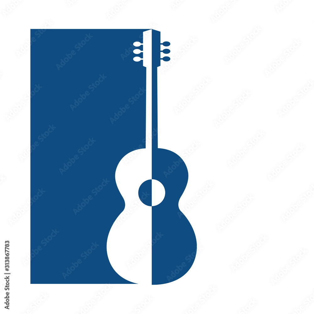 Vertical emblem with the silhouette of a classic guitar. Blue and white color. Vector isolated illustration on the theme of music.
