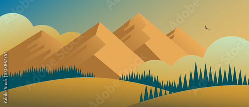 Beautiful wildlife landscape with mountains and forests. In the distance a cloud eagle flies. Vector illustration panorama for background.