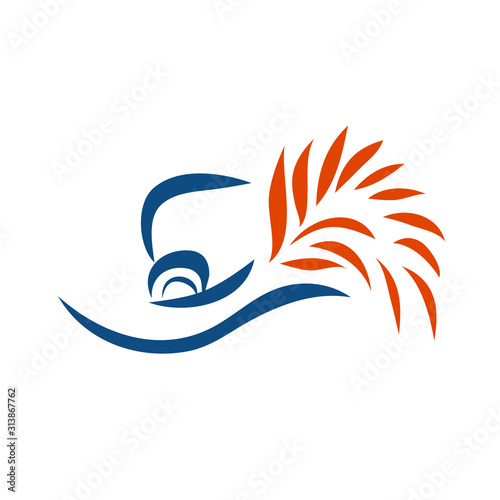 A hat with blue feathers and a red feather. Vector isolated illustration.