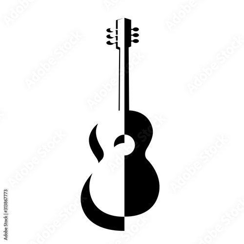 Vertical emblem with the silhouette of a classic guitar. Black and white color. Vector isolated illustration on the theme of music.