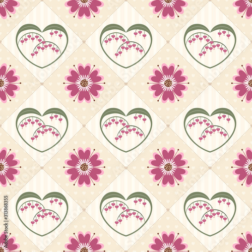 Seamless lattice pattern of bleeding hearts and flowers on alternating striped and hearts backgrounds