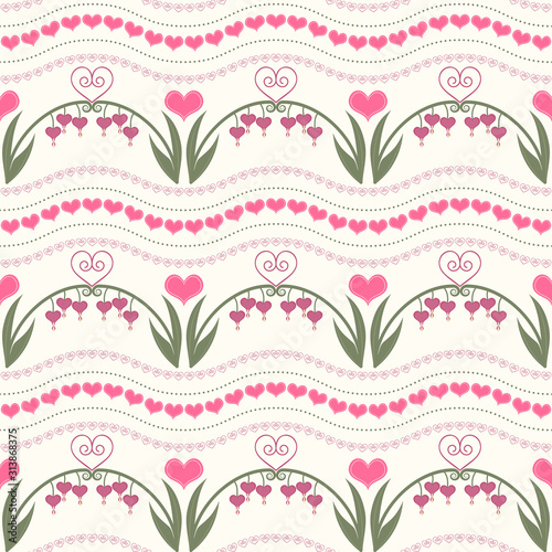 Seamless wavy striped pattern of bleeding heart flowers and hearts in shades of pink and green.