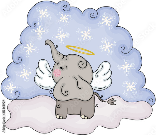 Winter illustration with cute angel elephant